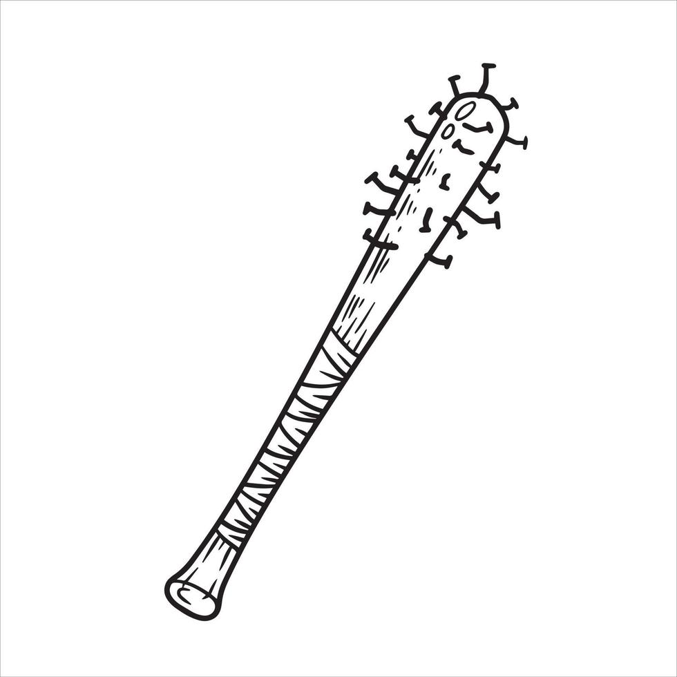 Baseball bat with spikes. Weapon of marauder and bandit. Stick with sharp nails. Outline cartoon illustration isolated on white vector