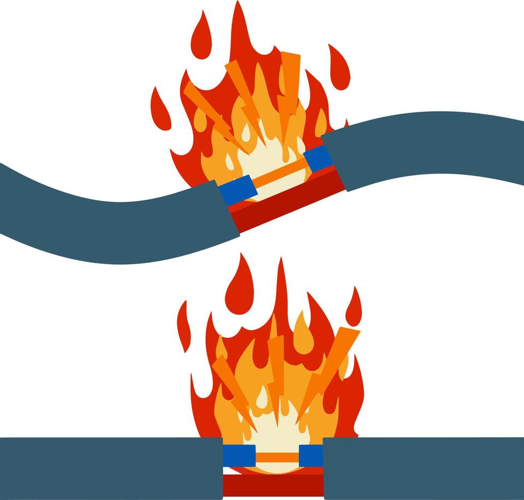 dañado cable con rojo cable. corto circuito. dibujos animados plano ilustración. roto línea. defectuoso eléctrico aparato. la seguridad regla. naranja fuego y fuego aislado en blanco vector