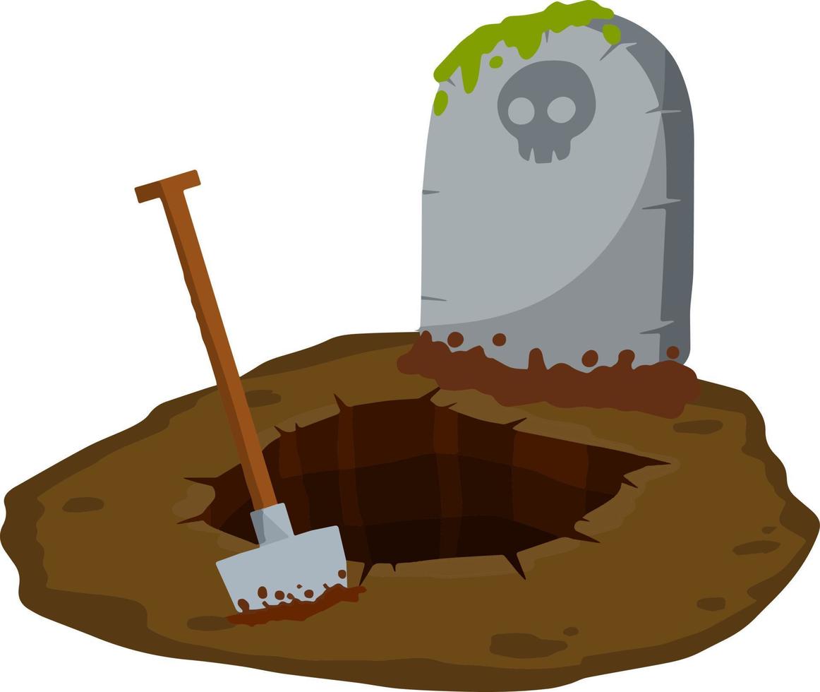 Stone tombstone stands on ground with grave. Celebration of Halloween. Skull on stone. Detail cemetery. Cartoon illustration vector