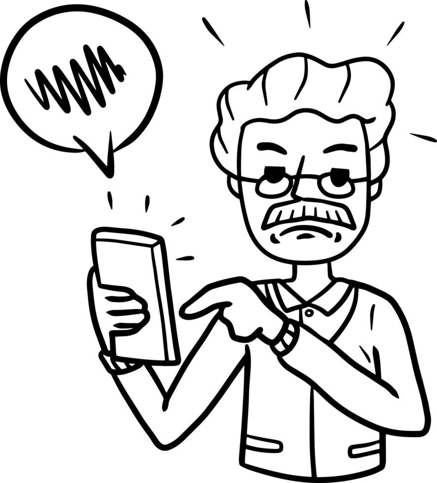 hombre con móvil teléfono. desagradable conversación. enojado barbado chico con moderno dispositivo. dibujos animados mano dibujado bosquejo ilustración vector