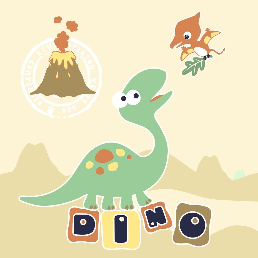 vector cartoon of funny dinosaurs with volcano eruption