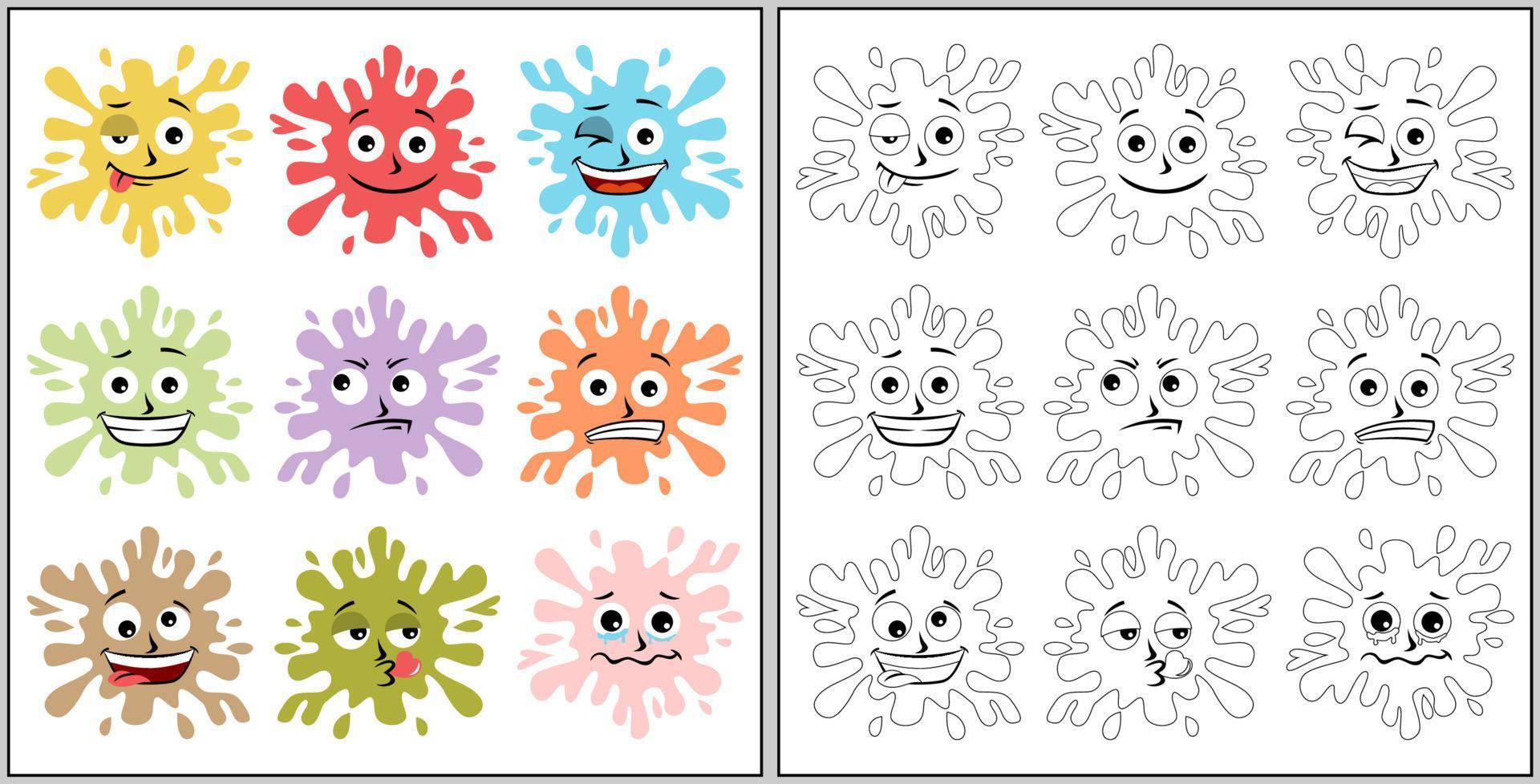 facial expression cartoon of colorful splash water, coloring book or page vector