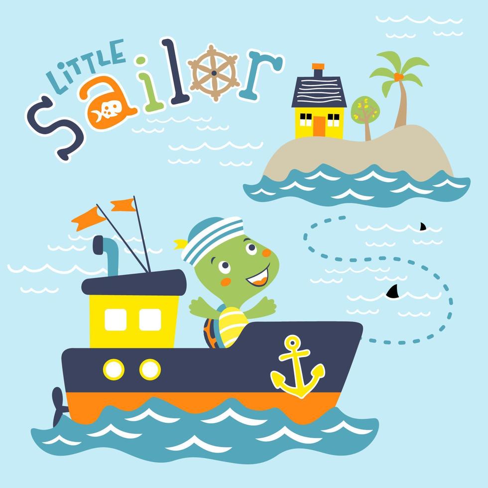 Vector cartoon of turtle the sailor on boat, sailing to small island