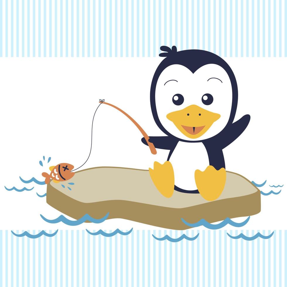 vector cartoon of funny penguin fishing