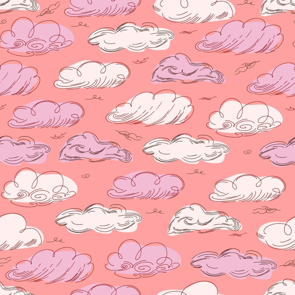 Seamless cloud pattern graphics in trendy style on white background. vector