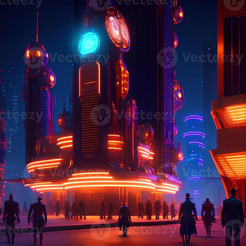 Cyberpunk city street. Sci-fi wallpaper. Futuristic city scene in a style  of pixel art. Urban scene. Generative AI. 22452074 Stock Photo at Vecteezy