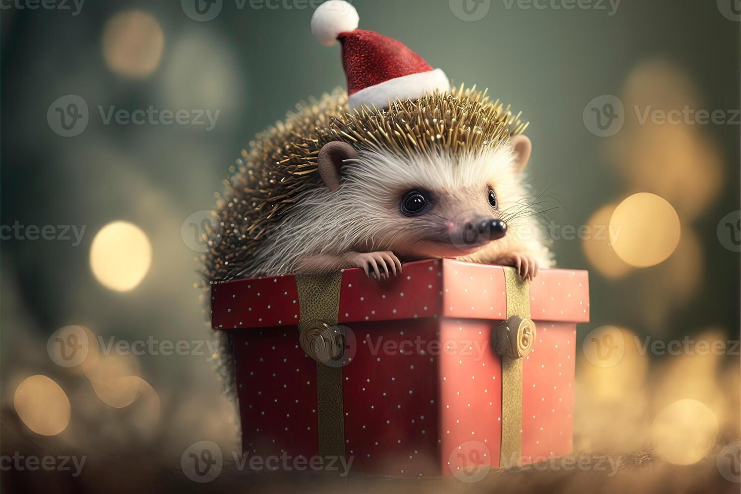 Tiny cute little hedgehog wearing a Santa hat and holding a gift box. photo