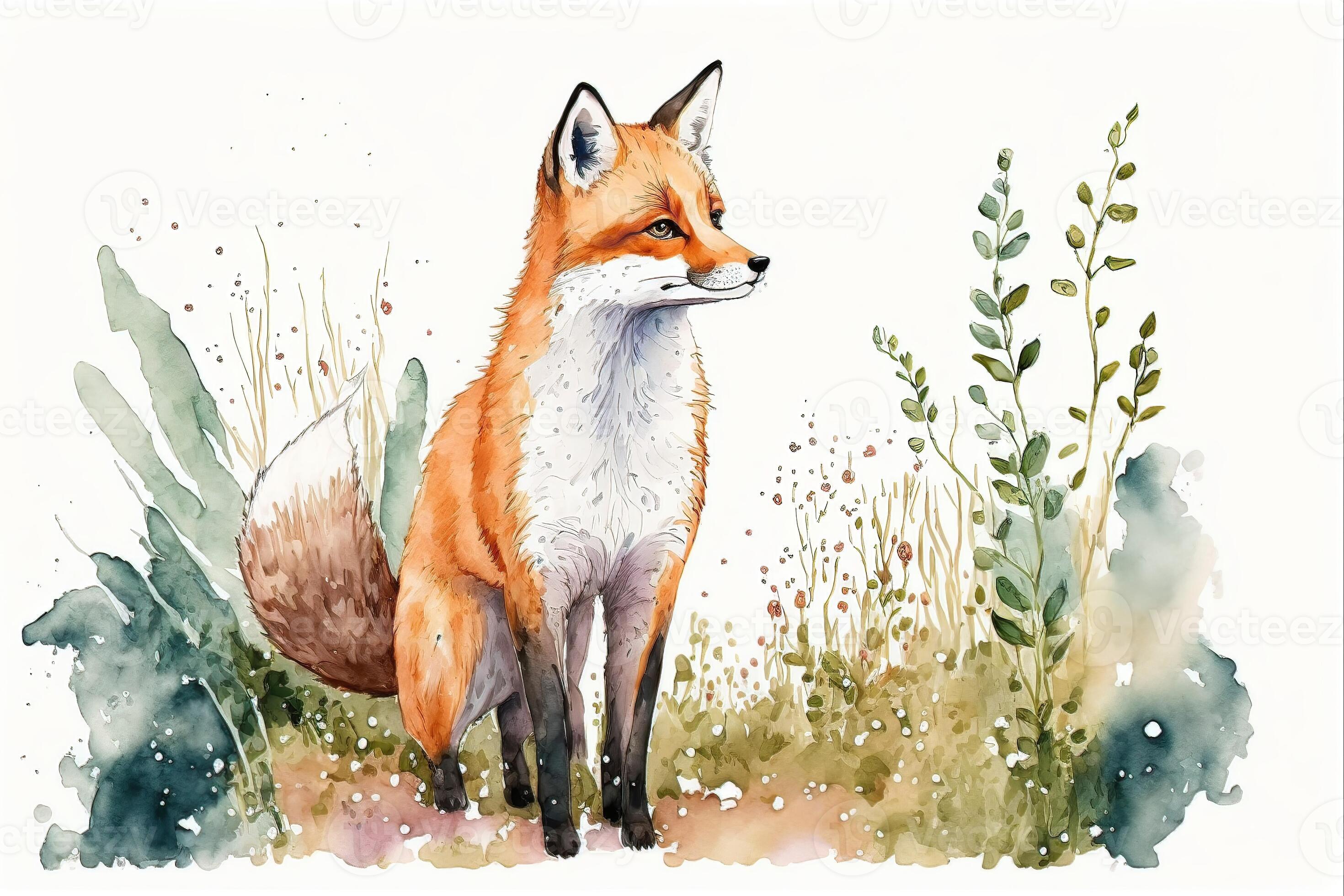 Fox Watercolour Cute Smiling Fox Standing In The Middle Of The Forest Watercolor Painting Of Cute Fox Wild Animals Ai Generated Photo