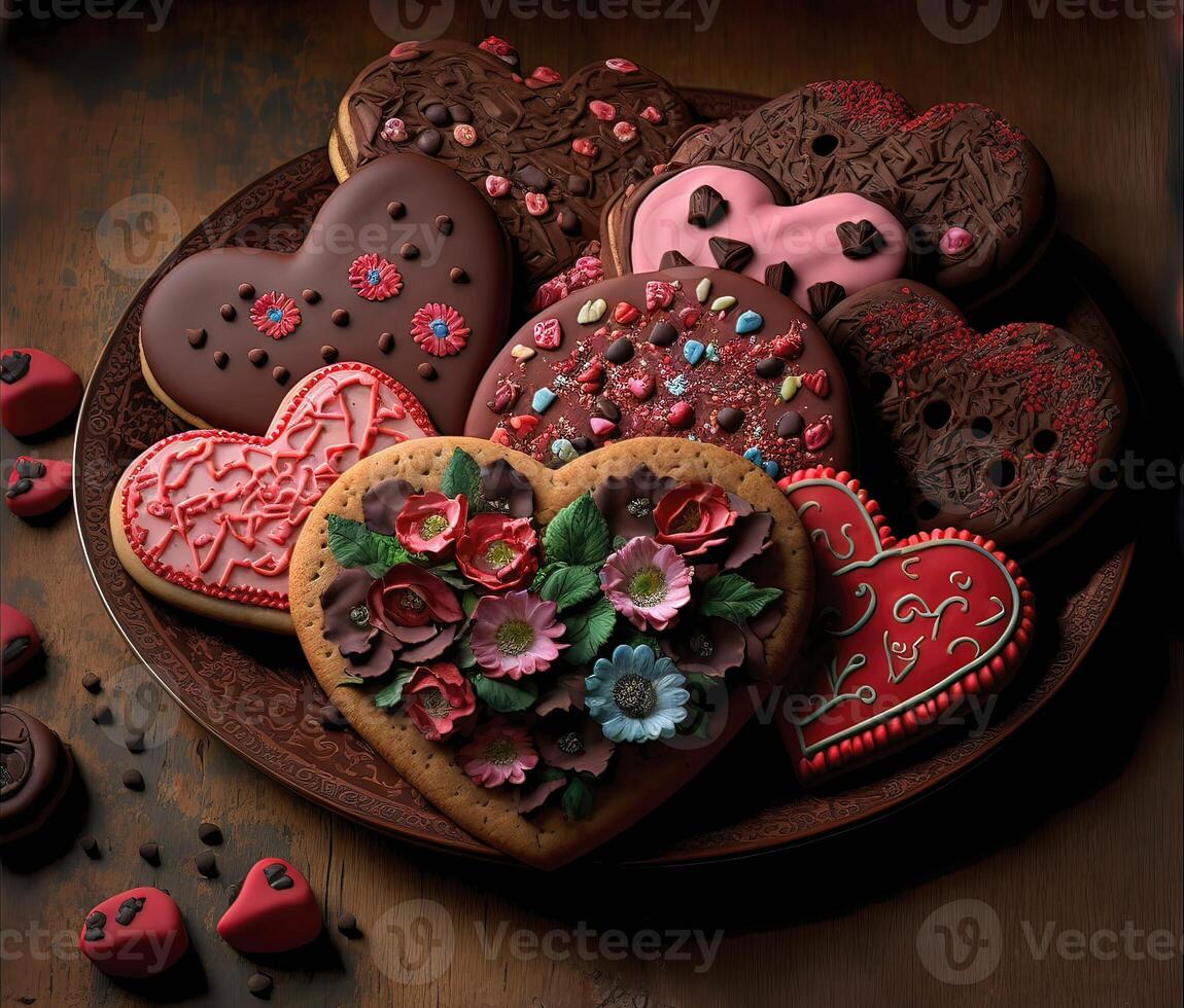 Homemade valentine heart cookies and chocolate for the day of love. photo