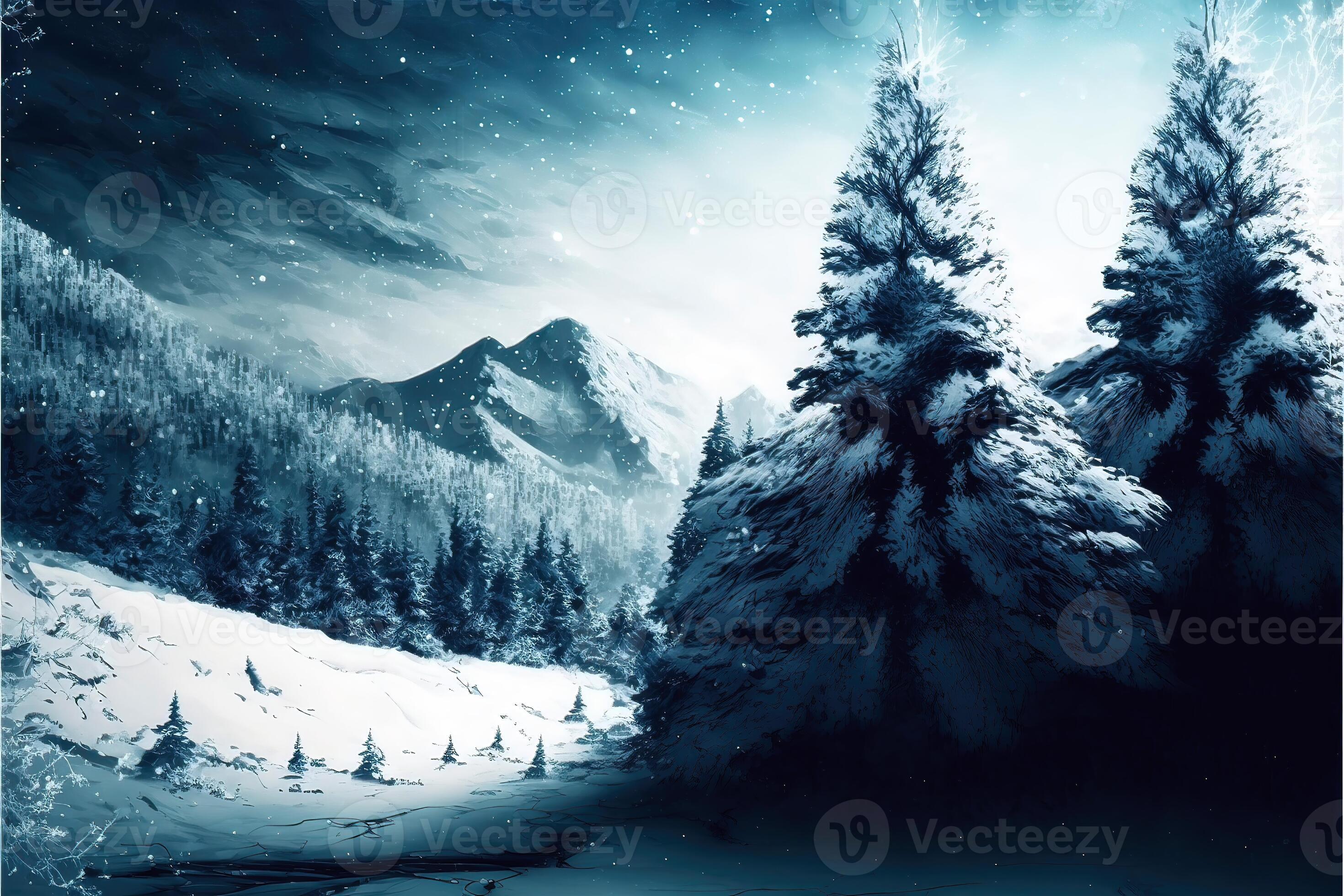 Snow, pine trees and mountains at night. Abstract winter theme