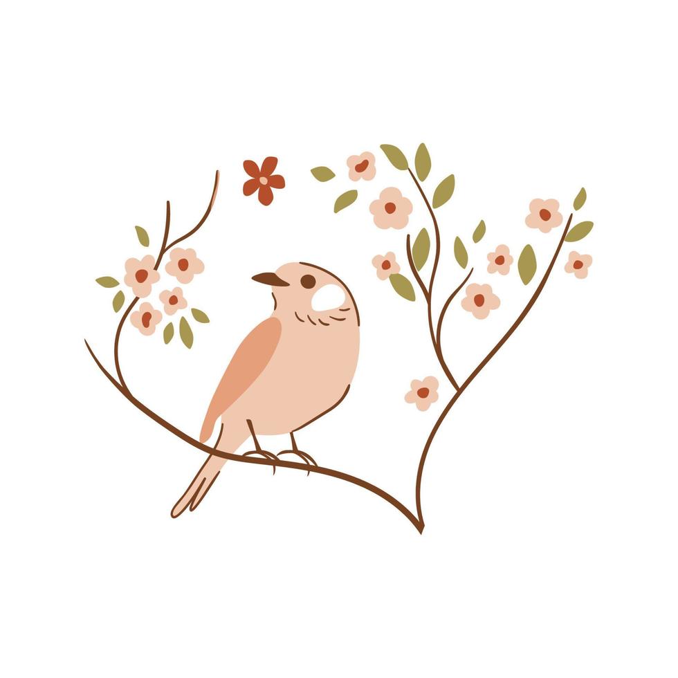 pájaro en árbol rama vector elemento. linda beige gorrión mano dibujado ilustración. primavera salvaje pájaro en infantil estilo. ornitología póster. ornitología en naturaleza.