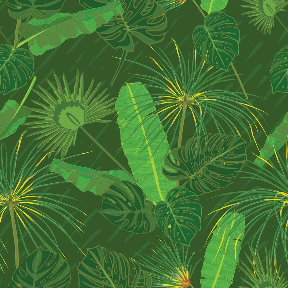 Seamless hand drawn tropical pattern with palm leaves, jungle exotic leaf on dark background vector