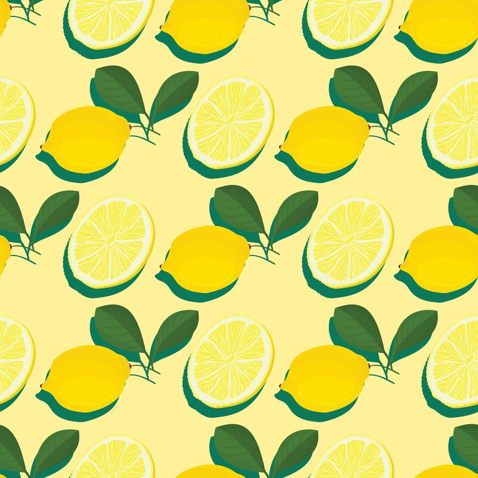 Trendy minimal summer seamless pattern with whole, sliced fresh fruit lemon on color background vector