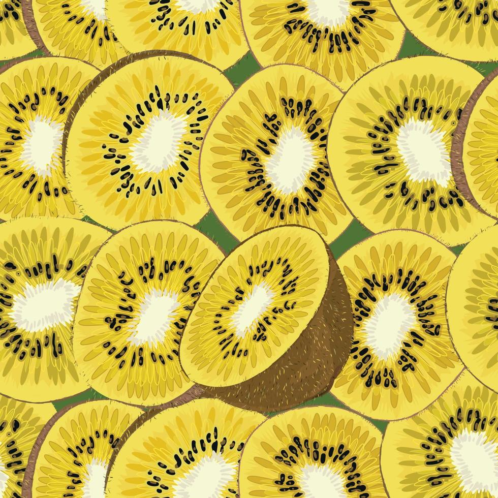 Hand-drawn seamless background with kiwi fruit, single, peeled and sliced, realistic drawing, vector