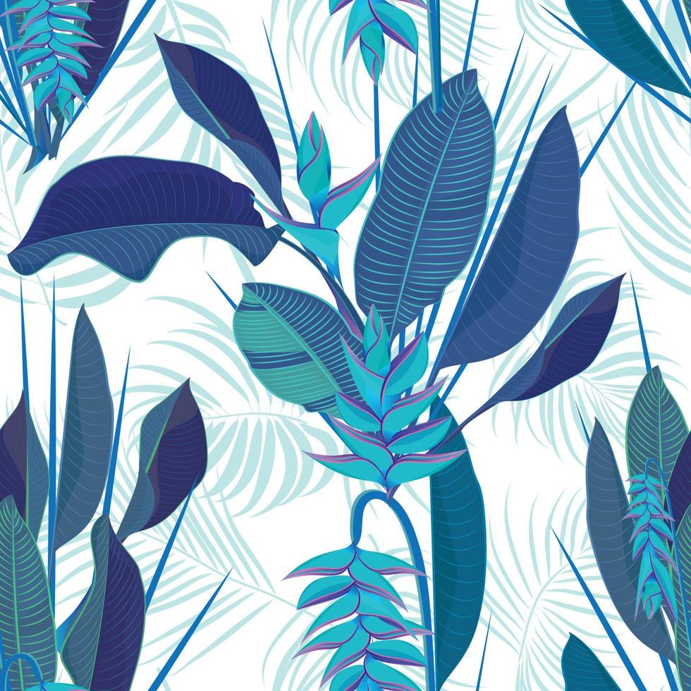 rama tropical heliconia flor hojas sin costura antecedentes. acuarela realista dibujo en plano azul color estilo. aislado en blanco antecedentes vector
