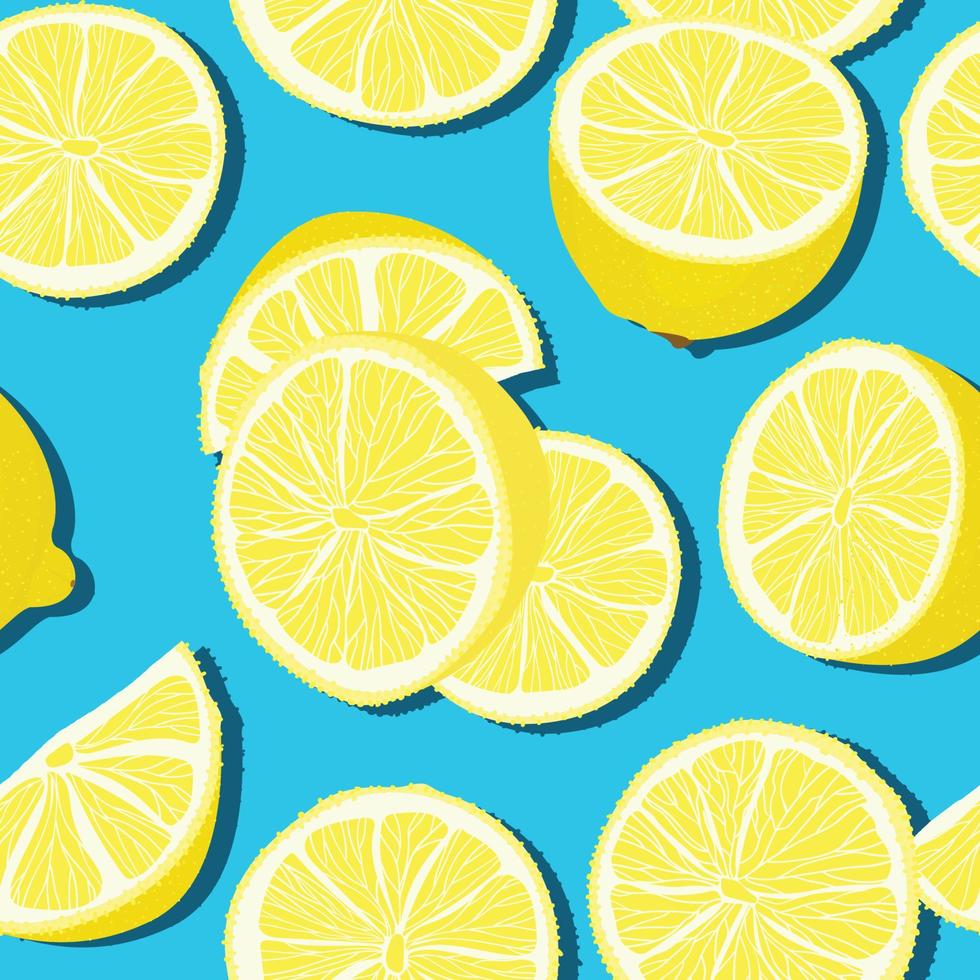 Trendy minimal summer seamless pattern with whole, sliced fresh fruit lemon on color background vector