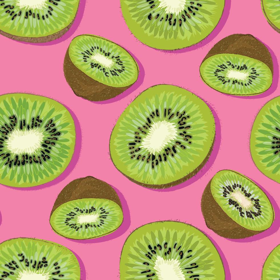 Trendy minimal summer seamless pattern with whole, sliced fresh fruit kiwi on color background vector