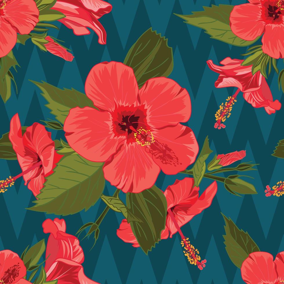 Seamless hand drawn tropical pattern with jungle exotic hibiscus flower on dark geometric background vector