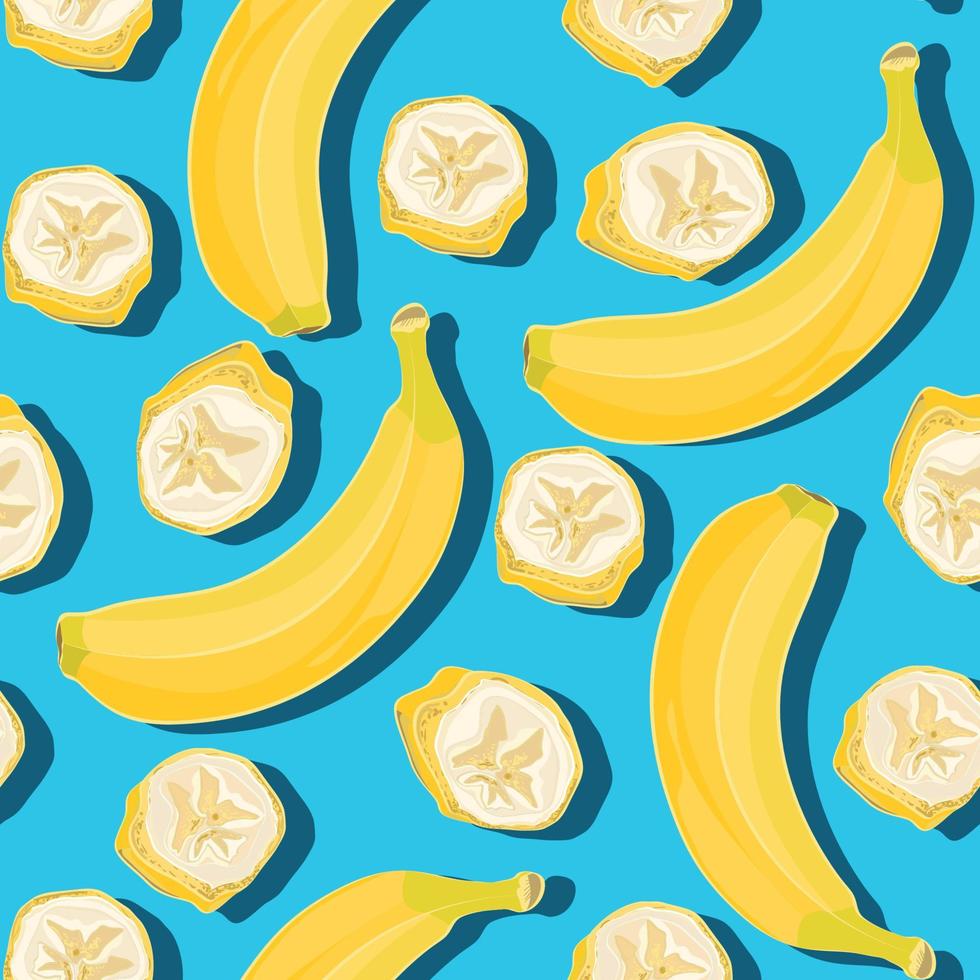 Trendy minimal summer seamless pattern with whole, sliced fresh fruit banana, kiwi on color background vector