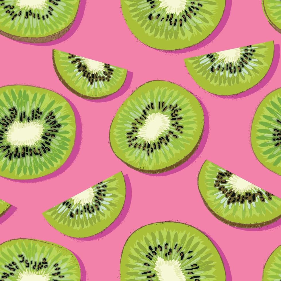 Trendy minimal summer seamless pattern with whole, sliced fresh fruit kiwi on color background vector