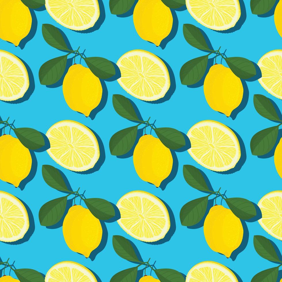 Trendy minimal summer seamless pattern with whole, sliced fresh fruit lemon on color background vector