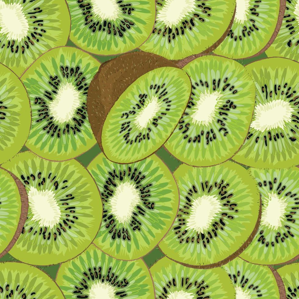 Hand-drawn seamless background with kiwi fruit, single, peeled and sliced, realistic drawing, vector