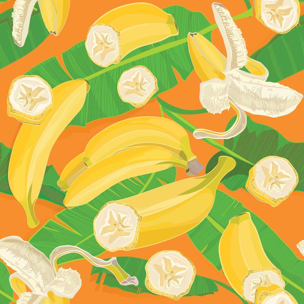 Seamless hand drawn tropical pattern with palm leaves, jungle exotic leaf and banana fruit on orange background vector