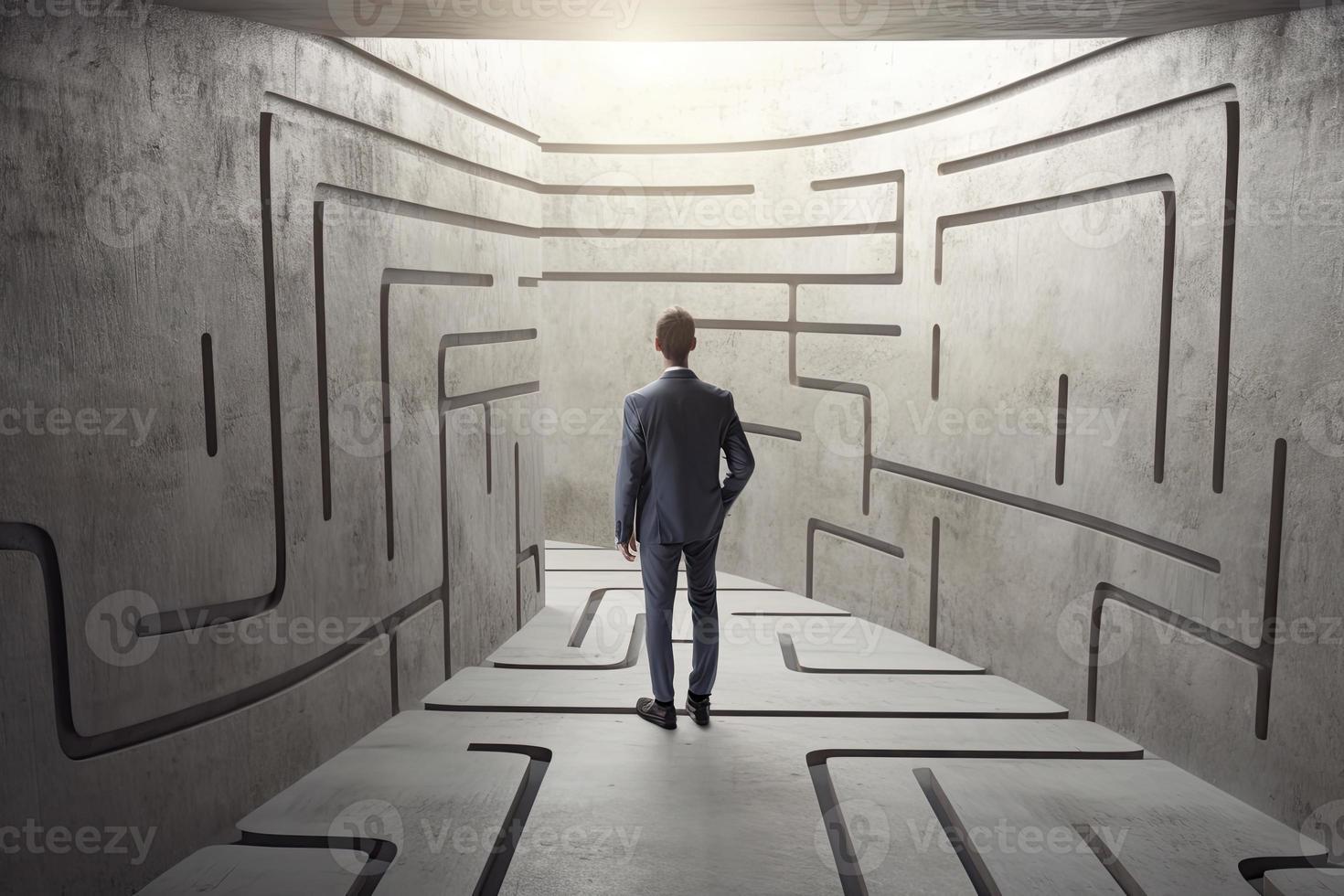 businessman walking in labyrinth cement wall to success way and finding solution photo