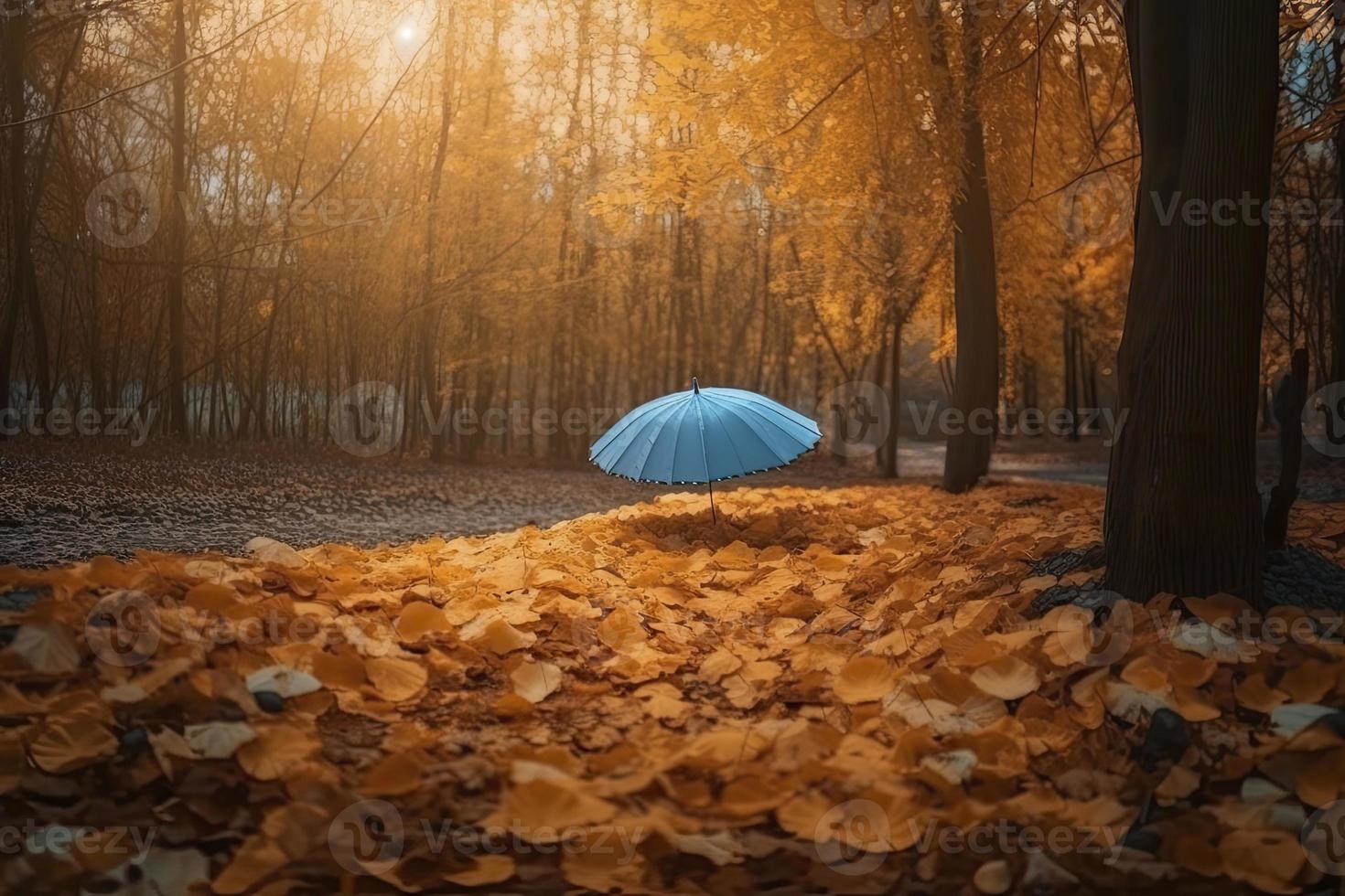 Beautiful autumn background landscape. Carpet of fallen orange autumn leaves in park and blue umbrella. Leaves fly in wind in sunlight. Concept of Golden autumn photo