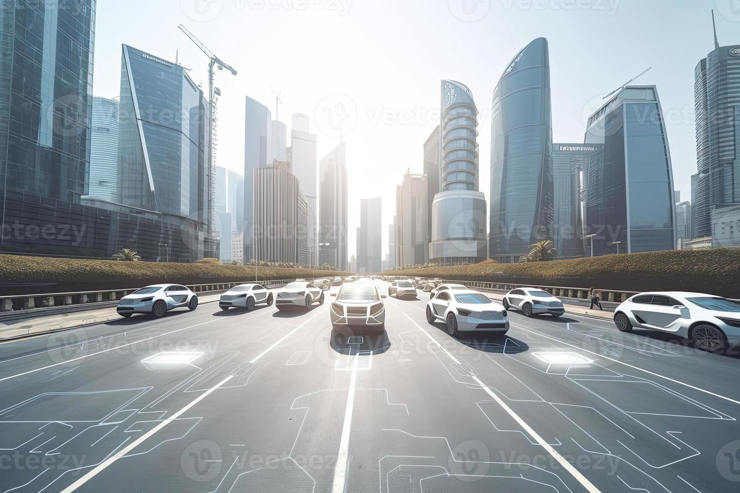 Road in the city with autonomous Driverless cars and people walking on the street. In the background skyline skyscrapers photo