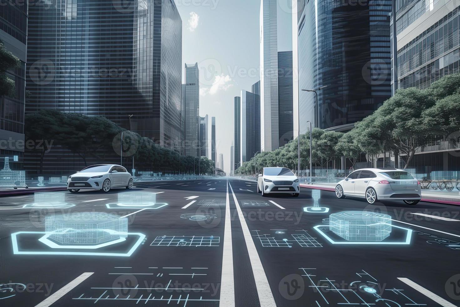 Road in the city with autonomous Driverless cars and people walking on the street. In the background skyline skyscrapers photo