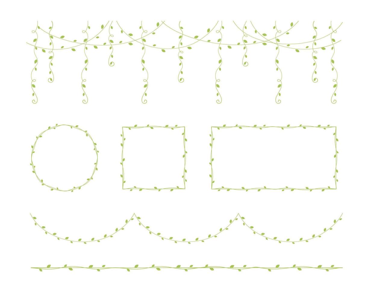 Green vines frames and borders, hanging vine curtain design, botanical elements vector illustration set