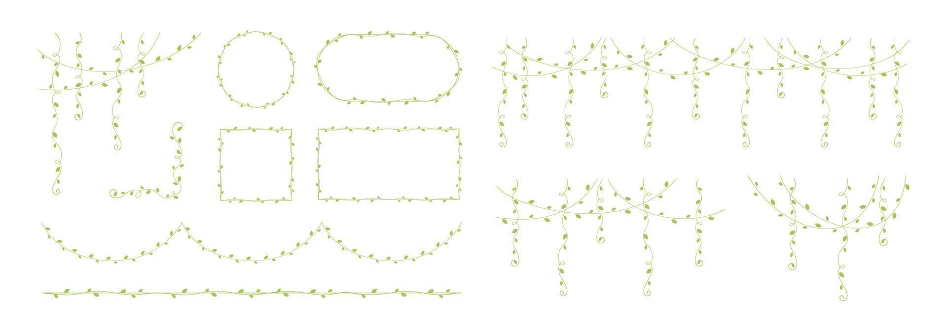 Green vines frames and borders, hanging vine curtain design, botanical elements vector illustration set