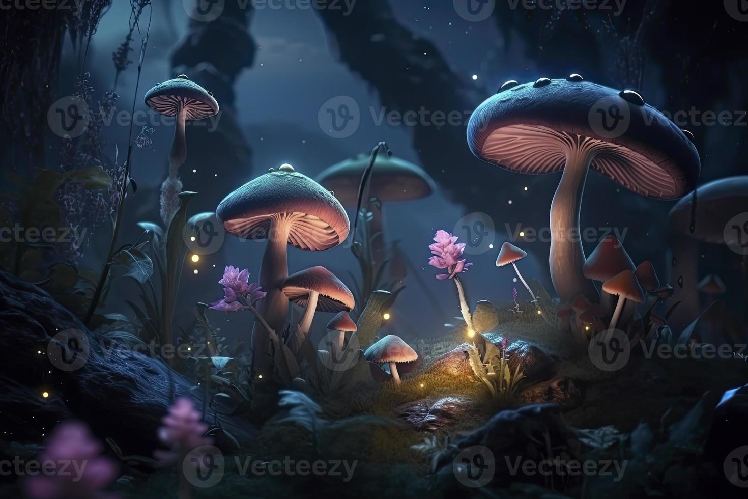 Magical fantasy mushrooms in enchanted fairy tale dreamy elf forest with fabulous fairytale blooming pink rose flower and butterfly on mysterious background, shiny glowing stars and moon rays in night photo