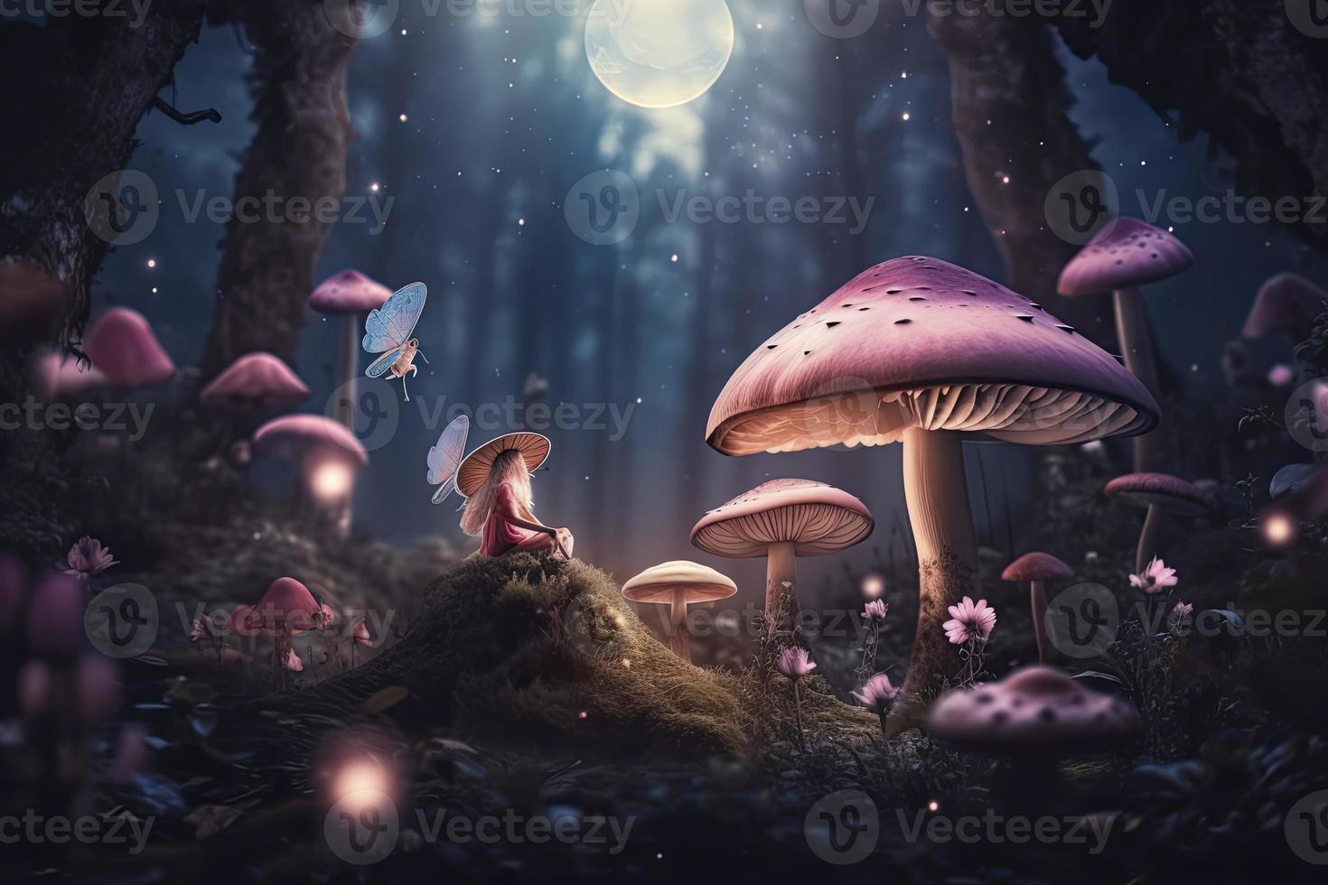 Magical fantasy mushrooms in enchanted fairy tale dreamy elf forest with fabulous fairytale blooming pink rose flower and butterfly on mysterious background, shiny glowing stars and moon rays in night photo