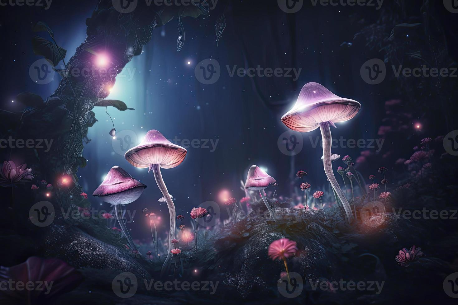 Magical fantasy mushrooms in enchanted fairy tale dreamy elf forest with fabulous fairytale blooming pink rose flower and butterfly on mysterious background, shiny glowing stars and moon rays in night photo