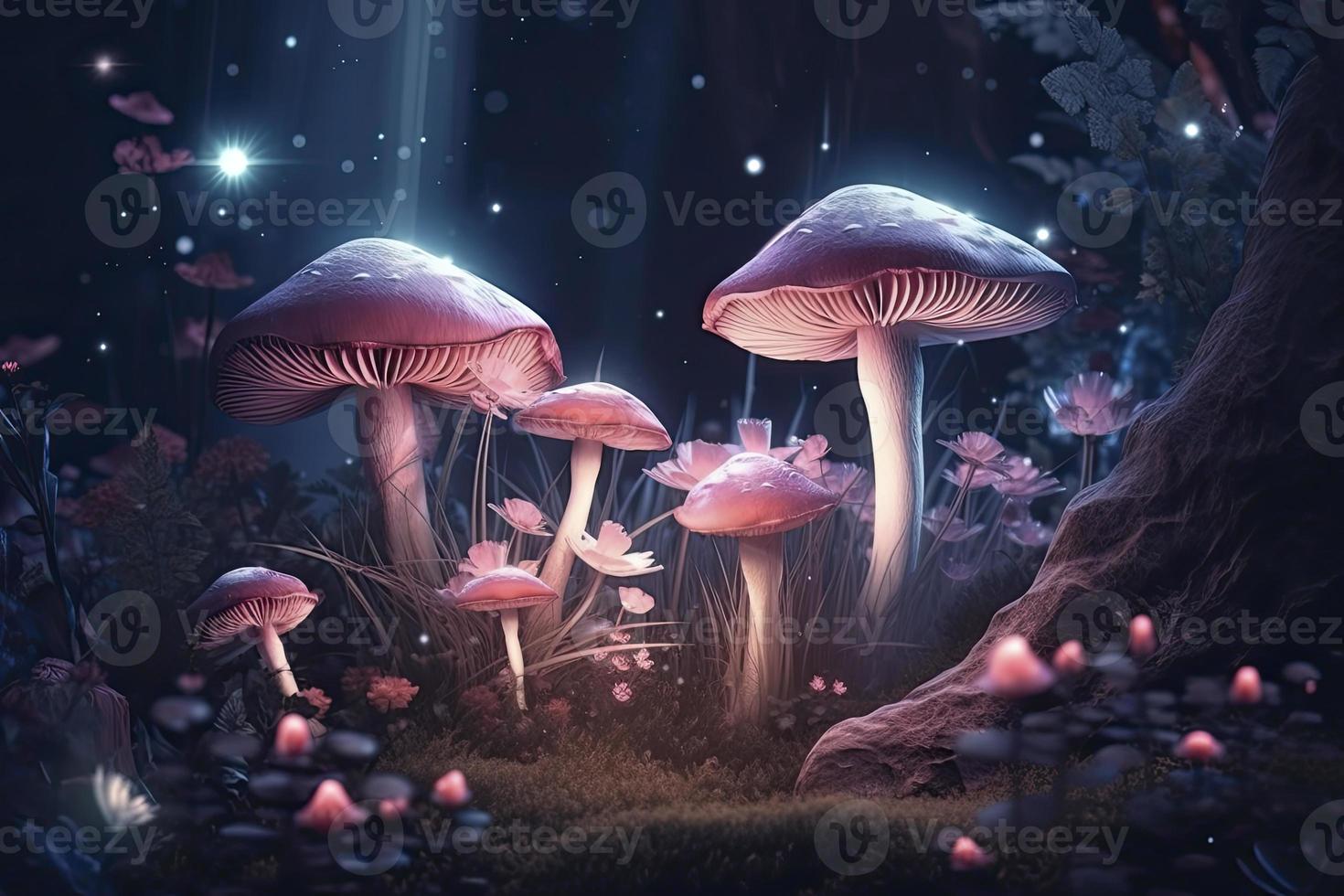 mágico fantasía hongos en encantado hada cuento soñador duende bosque con fabuloso cuento de hadas floreciente rosado Rosa flor y mariposa en misterioso fondo, brillante brillante estrellas y Luna rayos en noche foto
