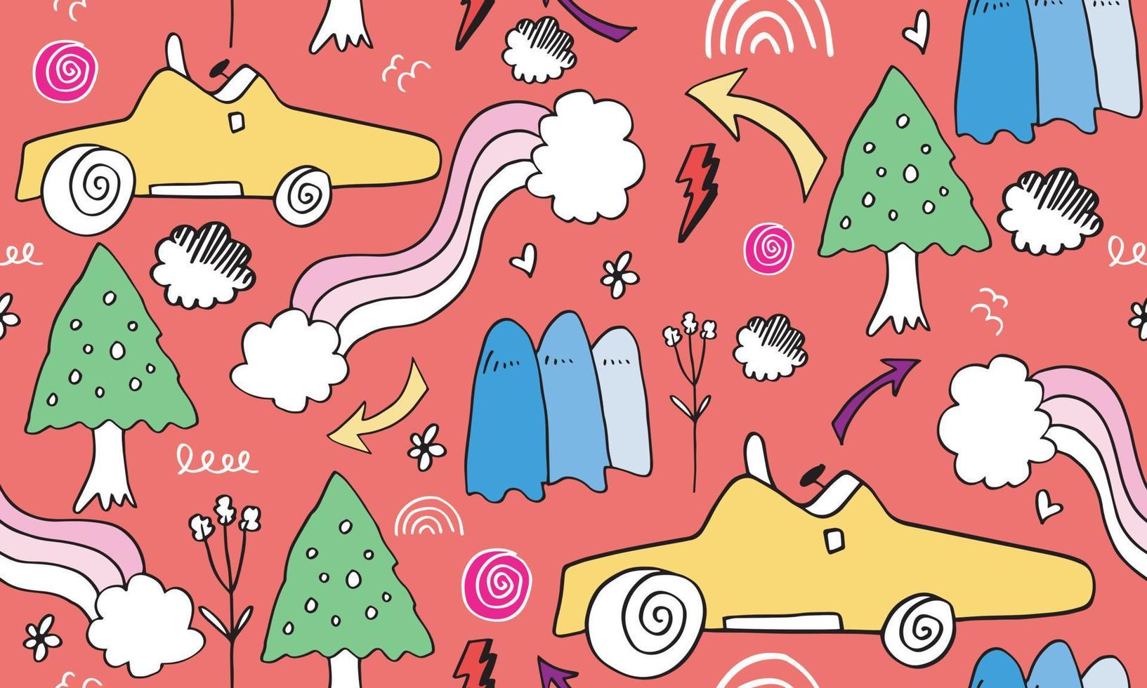 Cartoon Transportation Background for Kids with doodle Toy Cars and Nature with cloud,rainbow and Trees. vector