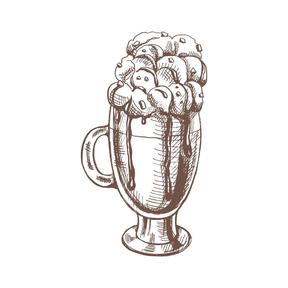 A hand-drawn sketch of hot chocolate with whipped cream. Vintage illustration, doodle. Element for the design of labels, packaging and postcards. vector