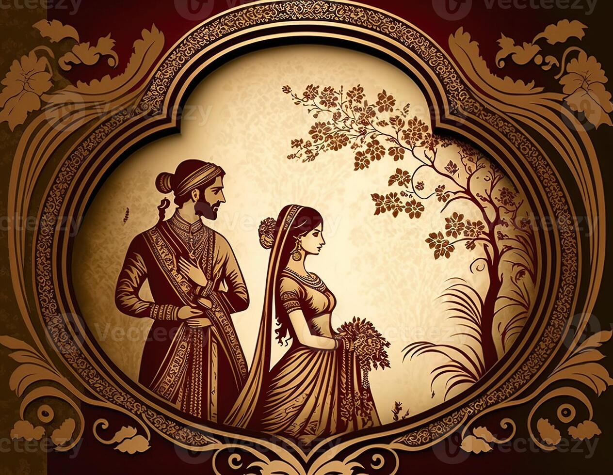 Indian wedding card golden background vintage retro style. photo