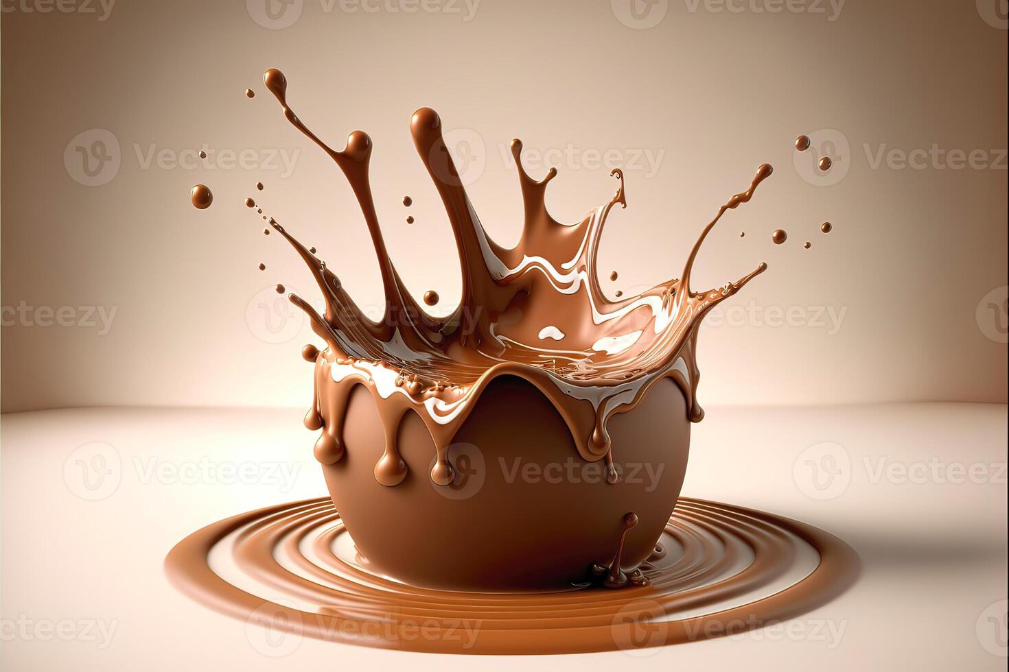 Milk chocolate splashing background. Overflowing glass of chocolate milk. Delicious sweet dessert. photo