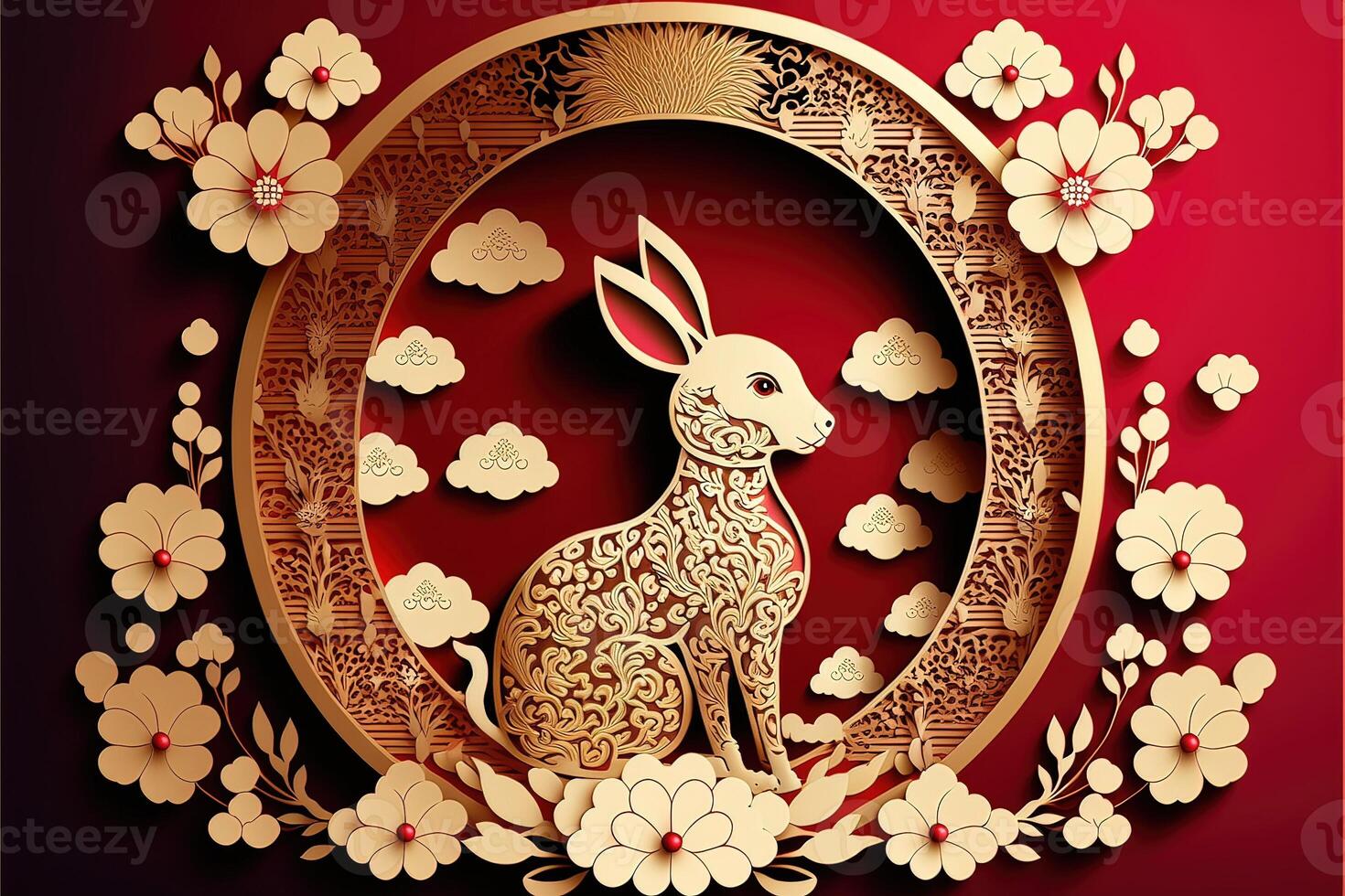 Year of the rabbit zodiac sign with flowers and cloud, Asian style. Gold and red color elements concept. photo