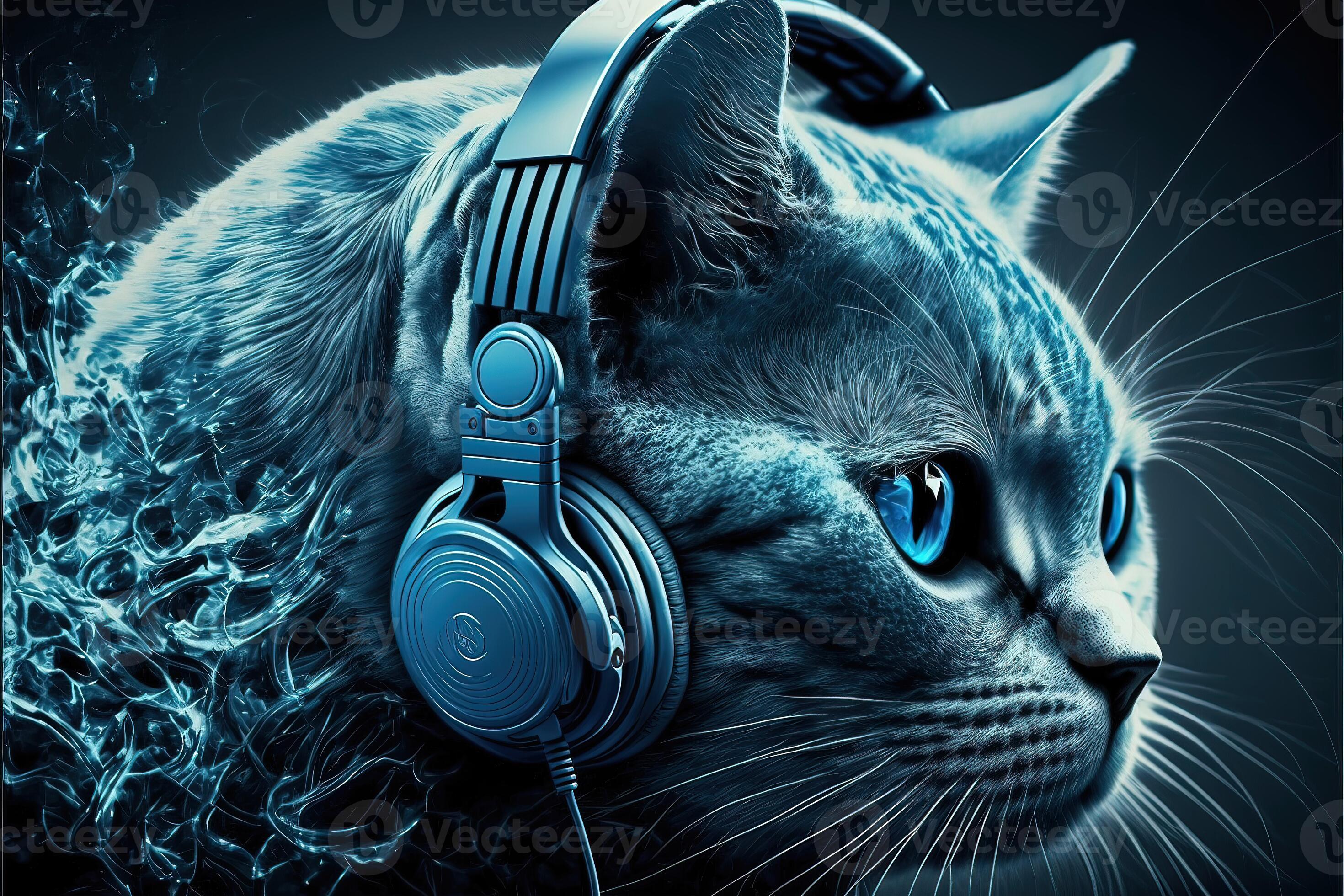 Cat Wears Headphones. Neon Blue Tone. 21778594 Stock Photo at Vecteezy
