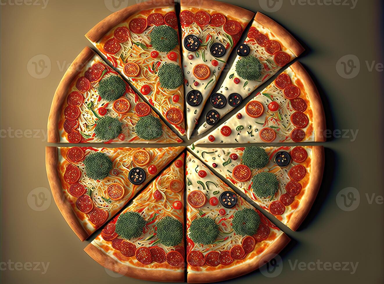 ai generado resumen rápido comida Pizza. dos coberturas de Pizza en uno cacerola. asimétrico nueve rebanadas de Pizza. foto