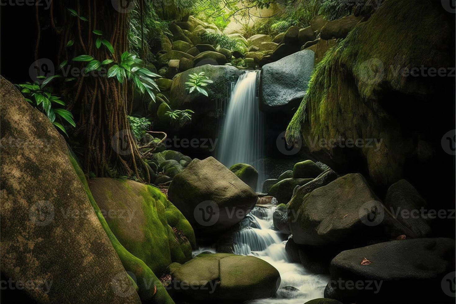 Tropical waterfall with tree roots, rocks and green moss. photo