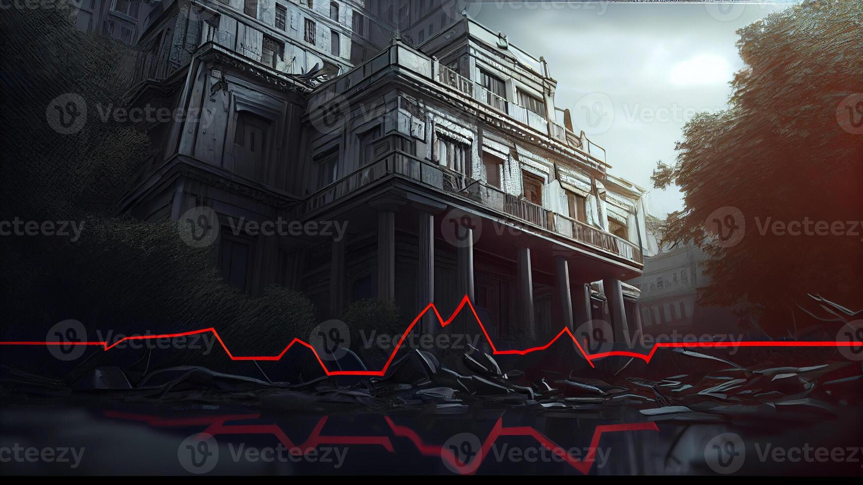 Economic crisis concept and digital indicators overlap with destroyed city background with photo