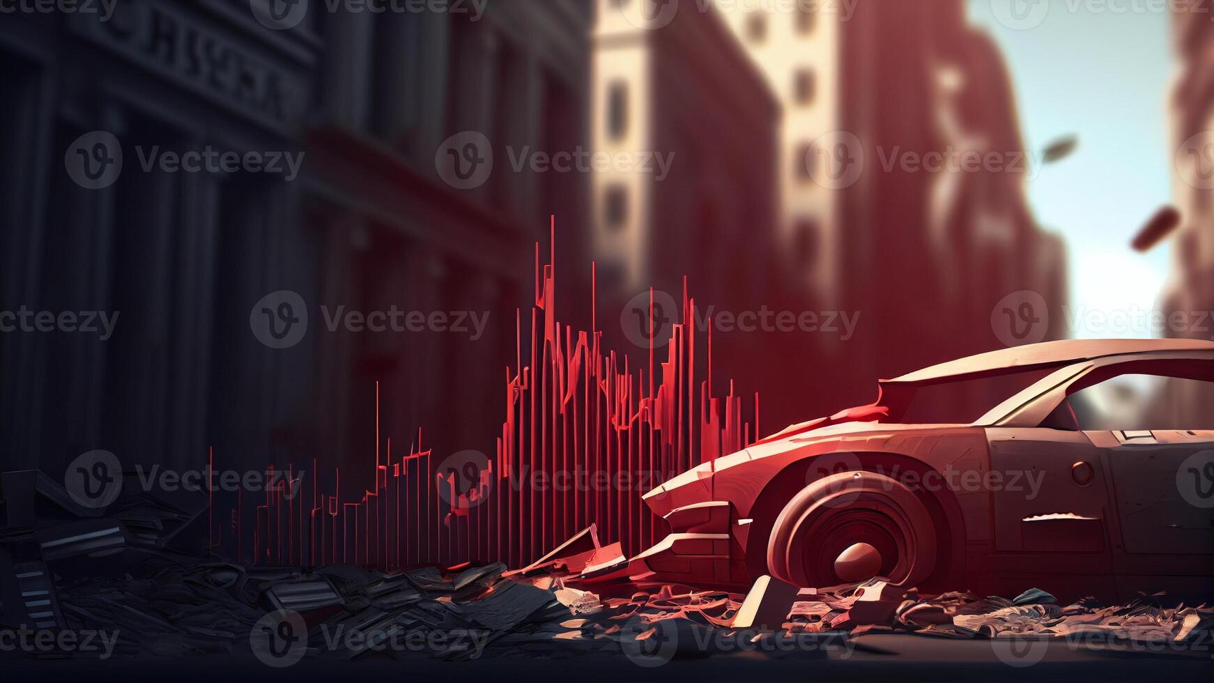 Economic crisis concept and digital indicators overlap with destroyed city background with photo