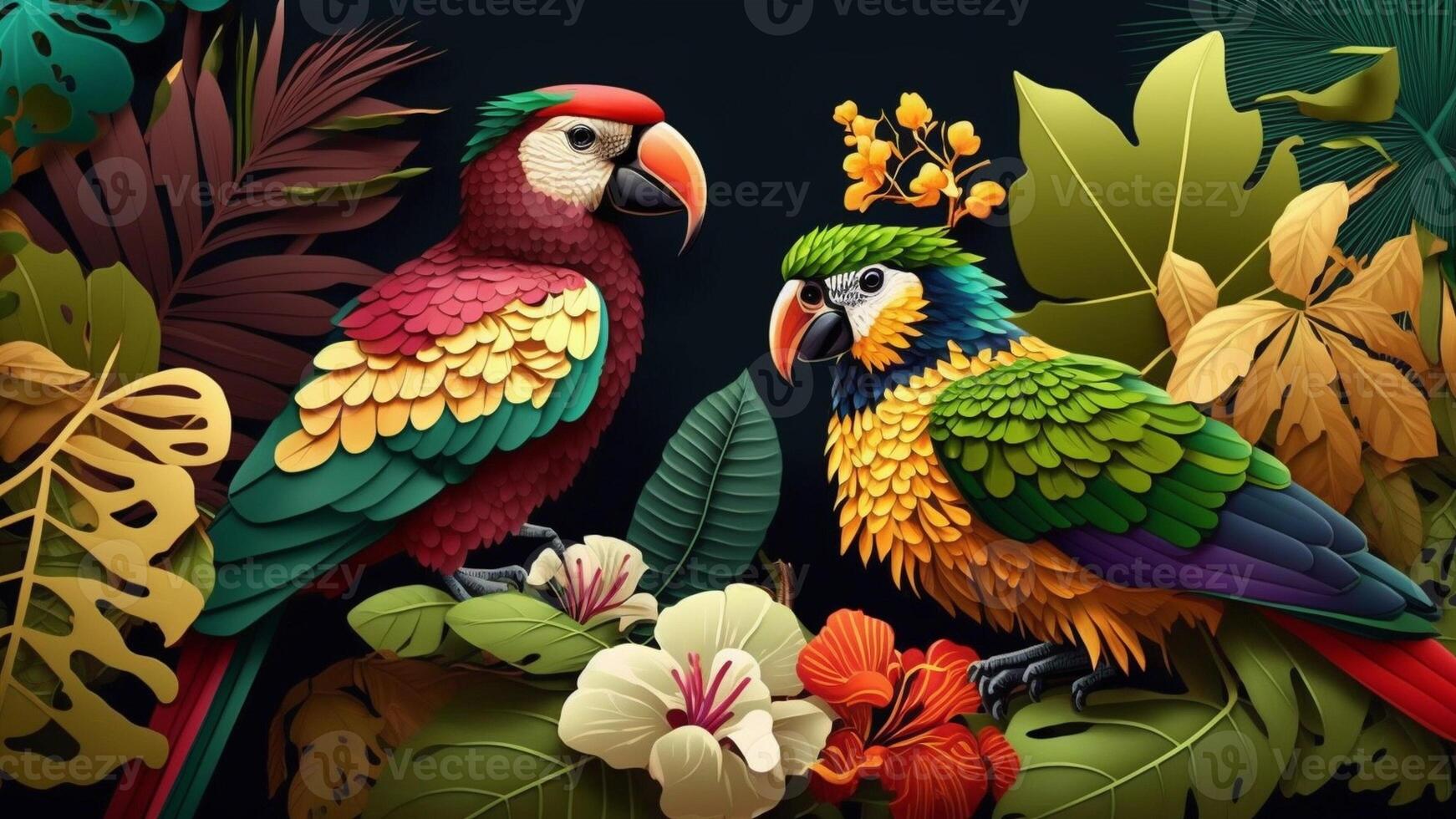 Tropical birds , colorful parrots and exotic flowers with photo