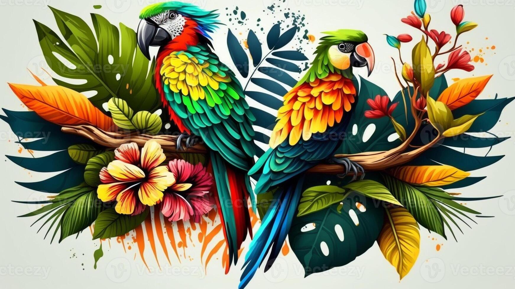 Tropical birds , colorful parrots and exotic flowers with photo