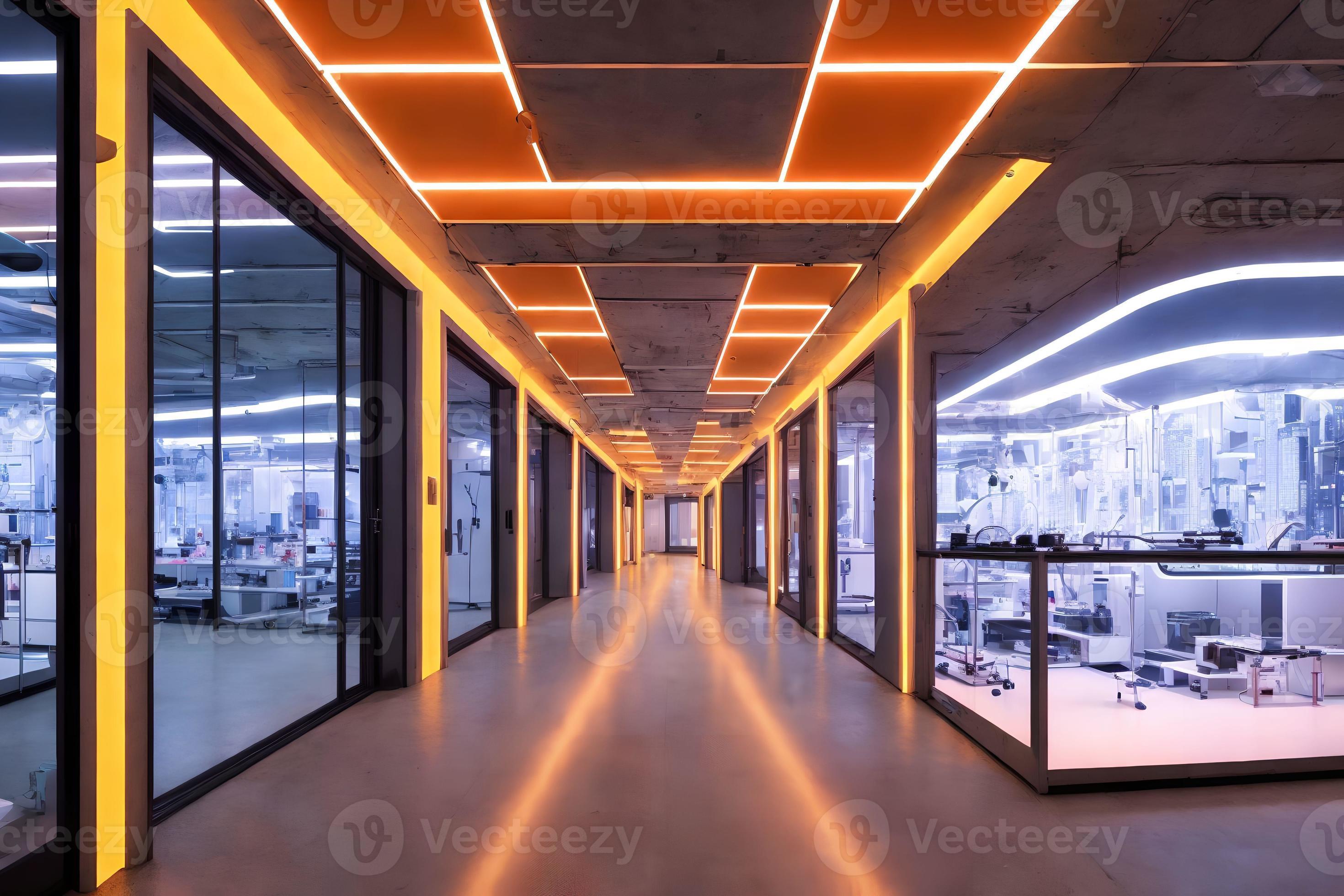 futuristic interior design laboratory lab server room with neon light